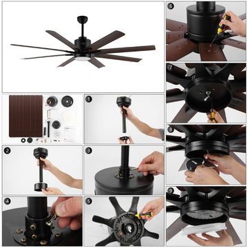 Octo 66" Contemporary Industrial Iron/Plastic Mobile-App/Remote-Controlled 6-Speed Ceiling Fan with Integrated LED Light - JONATHAN Y